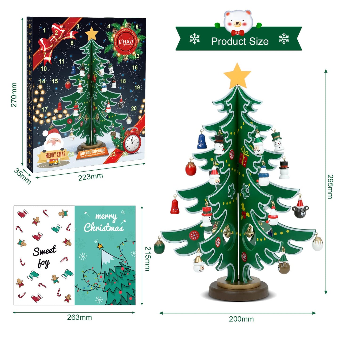 LIHAO Calendrier de l'Avent 2024, Mini Sapin de Noël en Bois pour Decorations Noel Table Cadeaux Enfants