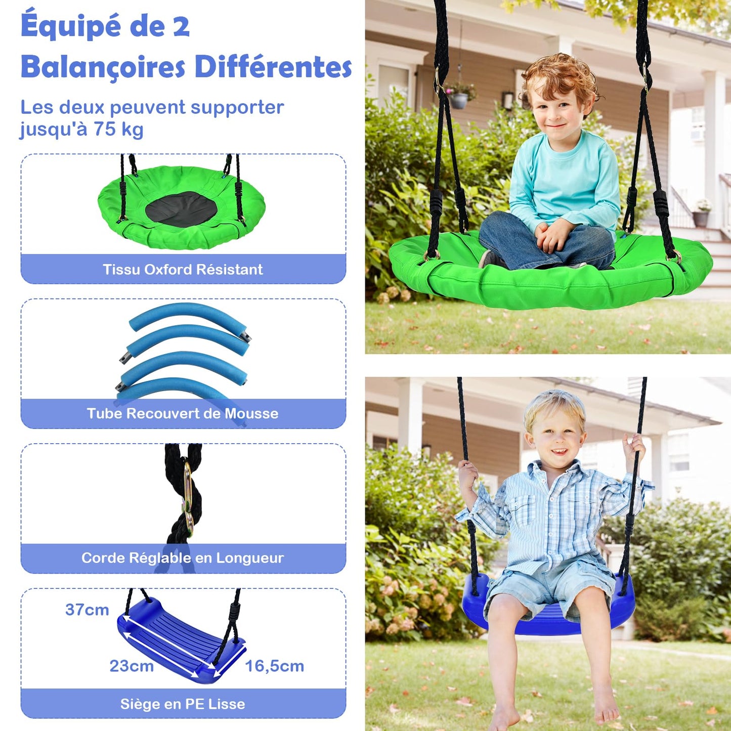 COSTWAY 5 en 1 Balançoire Enfants Extérieur avec Panier de Basket, Balançoire Nid d'Oiseau Ø66 cm et en U avec Hauteur Réglable, Filet & Echelle d’Escalade, Charge 75kg pour 3-12 Ans