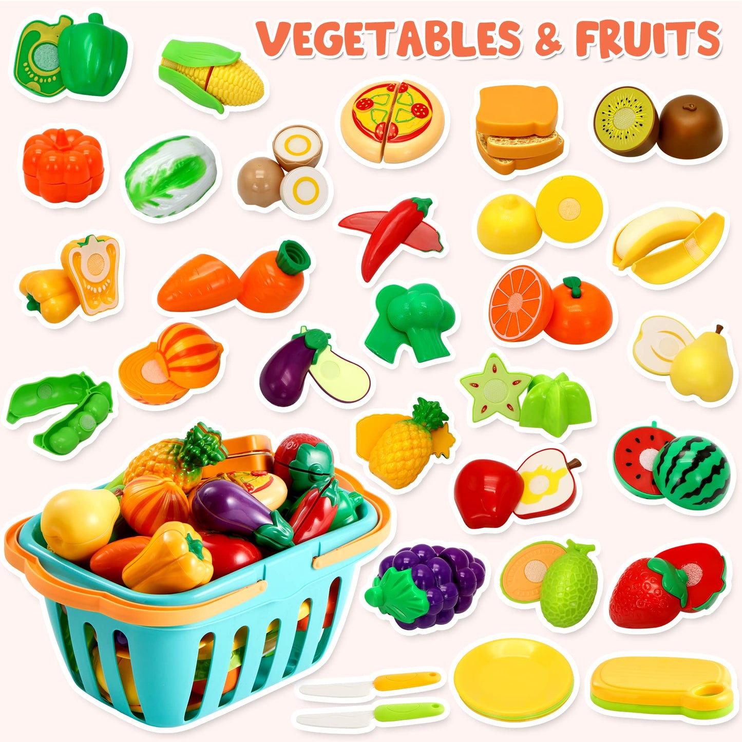 JOYIN Lot de 68 Jouets Alimentaires à découper pour la Cuisine des Tout-Petits, Faux Aliments pour la Cuisine, Comprend des Fruits et légumes en Plastique, des Cadeaux pour Tout-Petits