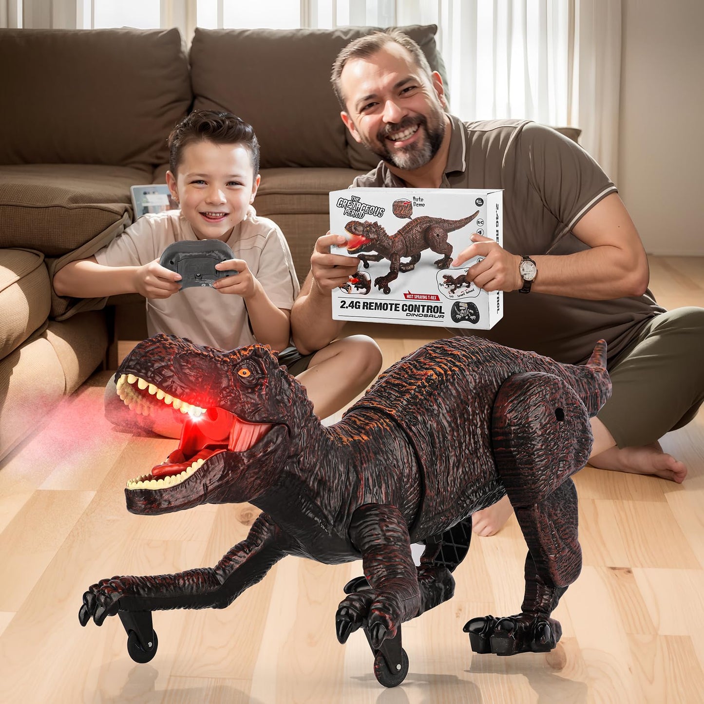 Dinosaure Jouet Enfant, 2.4GHz Dinosaures Telecommandé avec Pulvérisation, Rugissement, Lumière, RC Dino Robots Interactif Rechargeable Jeu Exterieur Interieur Cadeau Garçons Filles 5 6 7 8 9 10 Ans