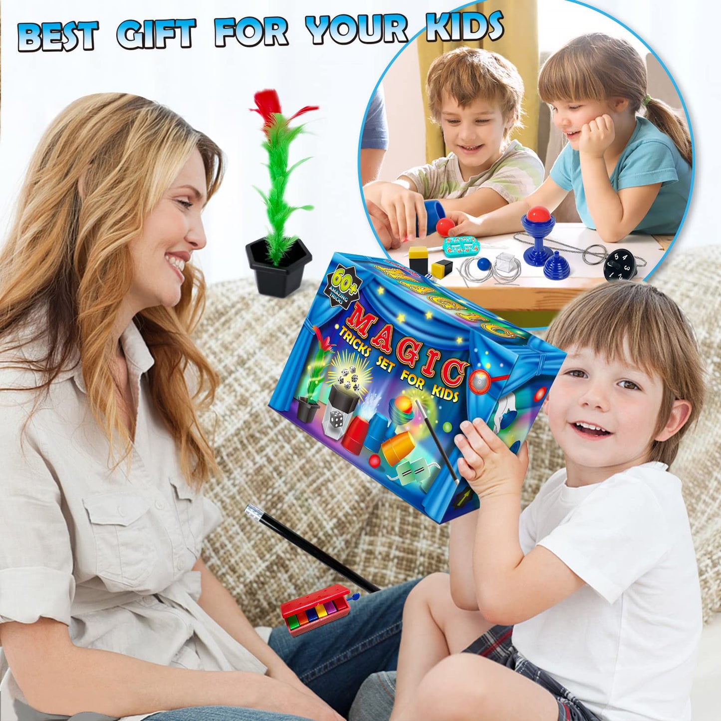 Heyzeibo Kit de Magie - 60+ Tours de Magie Enfant, Kit Magique avec Baguette Magique et Instructions, pour Garçons, Filles, Tout-Petits, Débutants