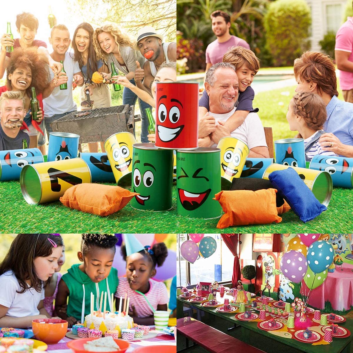 Ulifeme Chamboule Tout, Jeux de Plein Air pour Enfant et Adulte, Jeux Exterieur avec 10pcs Sourire Boite de Conserve Metal + 3pcs Sacs de Fèves, Jeux de Lancer Cadeau for Enfants Anniversaire et Fête
