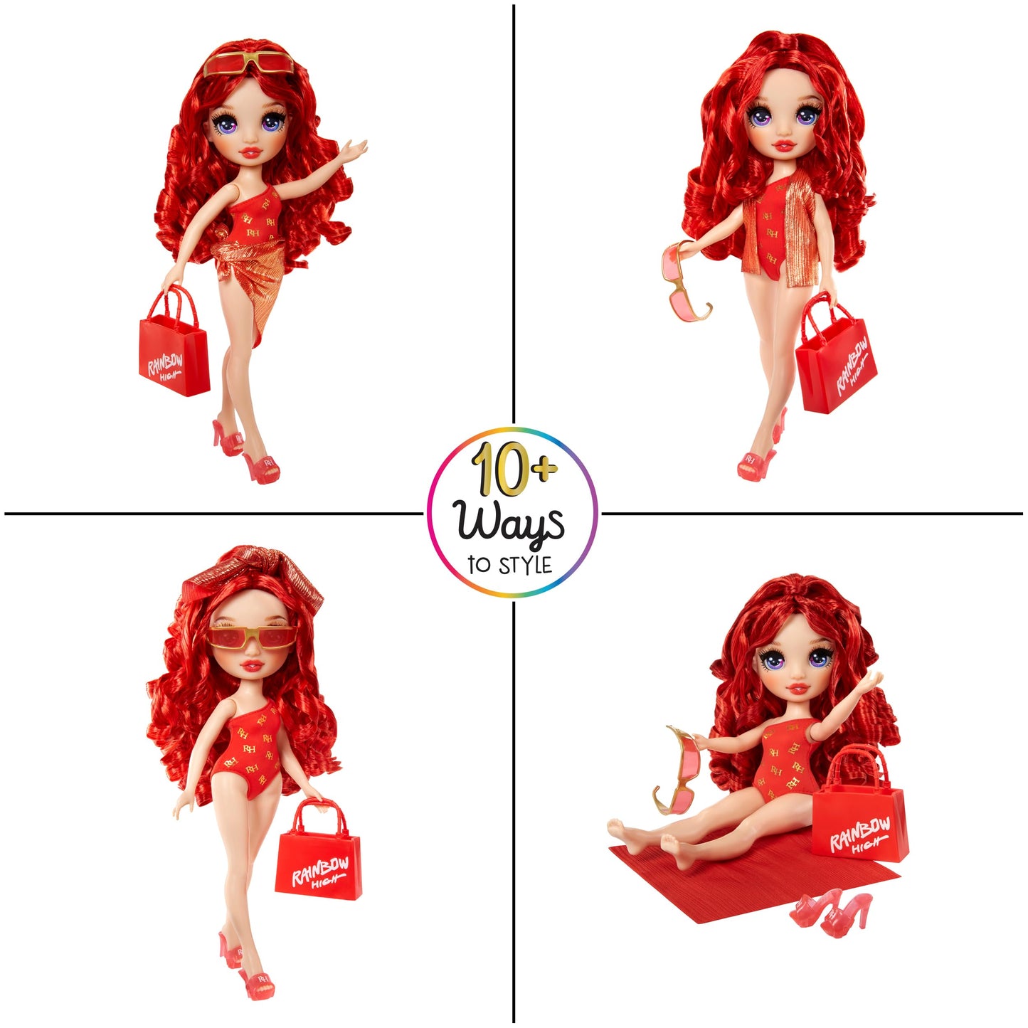 RAINBOW HIGH Swim & Style - Ruby (Rouge) - Poupée de 28 cm avec Paréo Chatoyant à Porter de Plus de 10 Façons - Maillot de Bain, Sandales, Accessoires - Jouet pour Enfants - pour Les 4-12 Ans