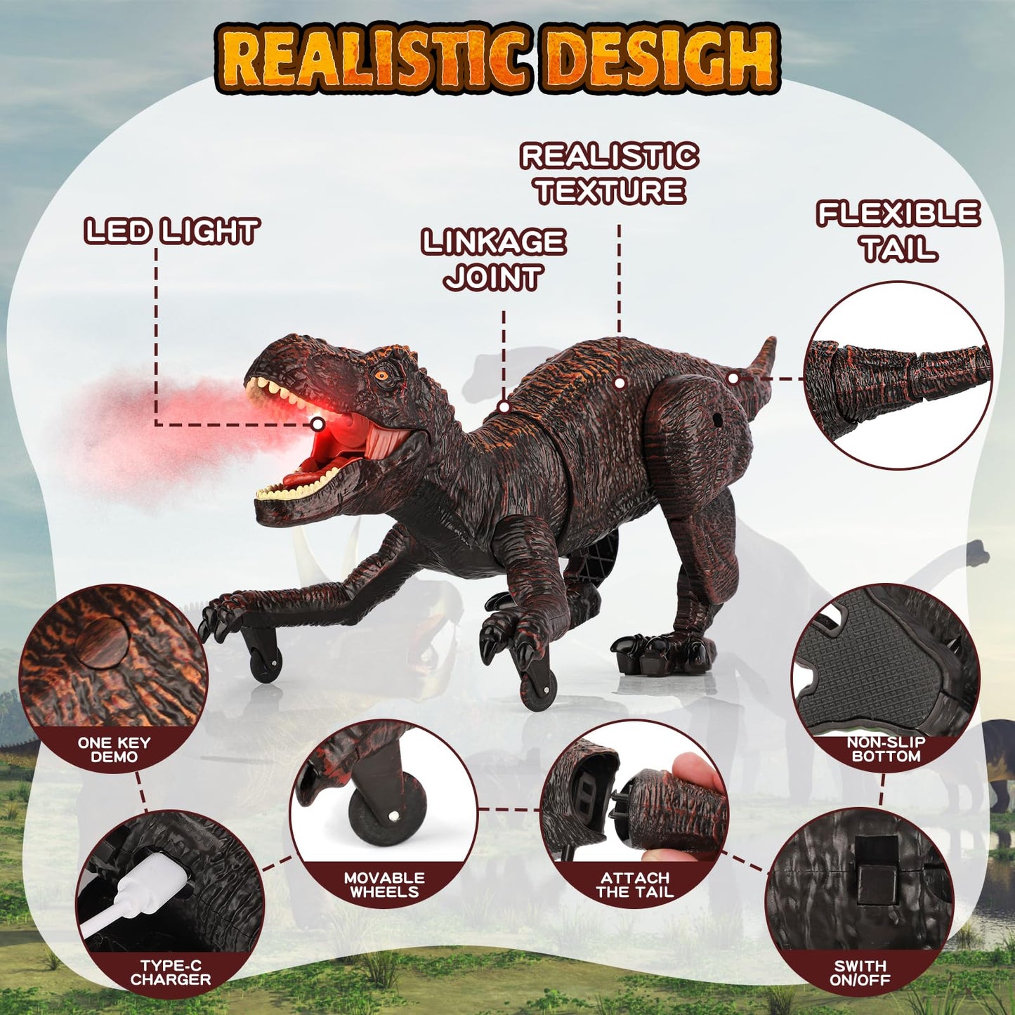 Dinosaure Jouet Enfant, 2.4GHz Dinosaures Telecommandé avec Pulvérisation, Rugissement, Lumière, RC Dino Robots Interactif Rechargeable Jeu Exterieur Interieur Cadeau Garçons Filles 5 6 7 8 9 10 Ans