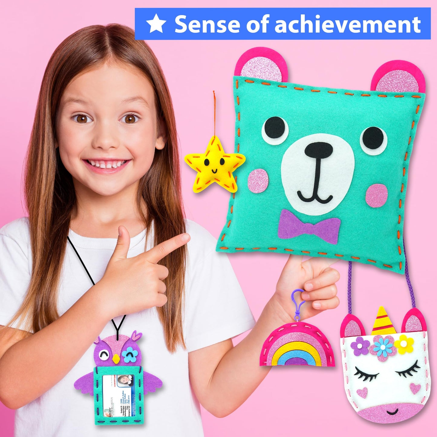 KRAFUN Mon Premier kit de Couture pour Enfants - Arts et Artisanat pour débutants - Comprend 6 projets faciles - Poupées et oreillers - Instructions et Feutre pour Apprendre à Coudre, à Broder