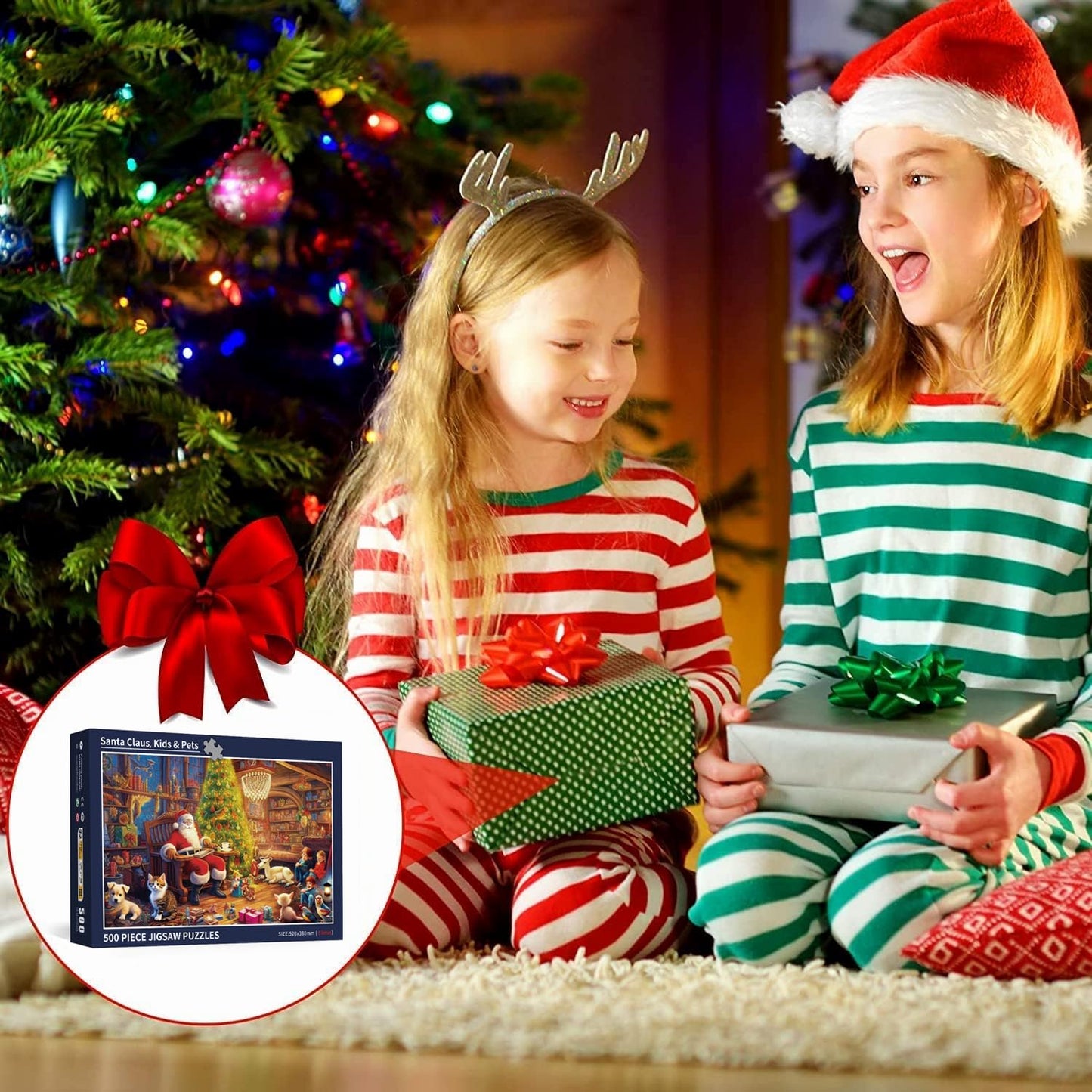 Puzzle de Noël pour Adultes 500 pièces Père Noël-Enfants Animaux de Compagnie 52 x 38 cm Puzzles de Noël pour Adultes 500 pièces Puzzles de Noël pour Adulte