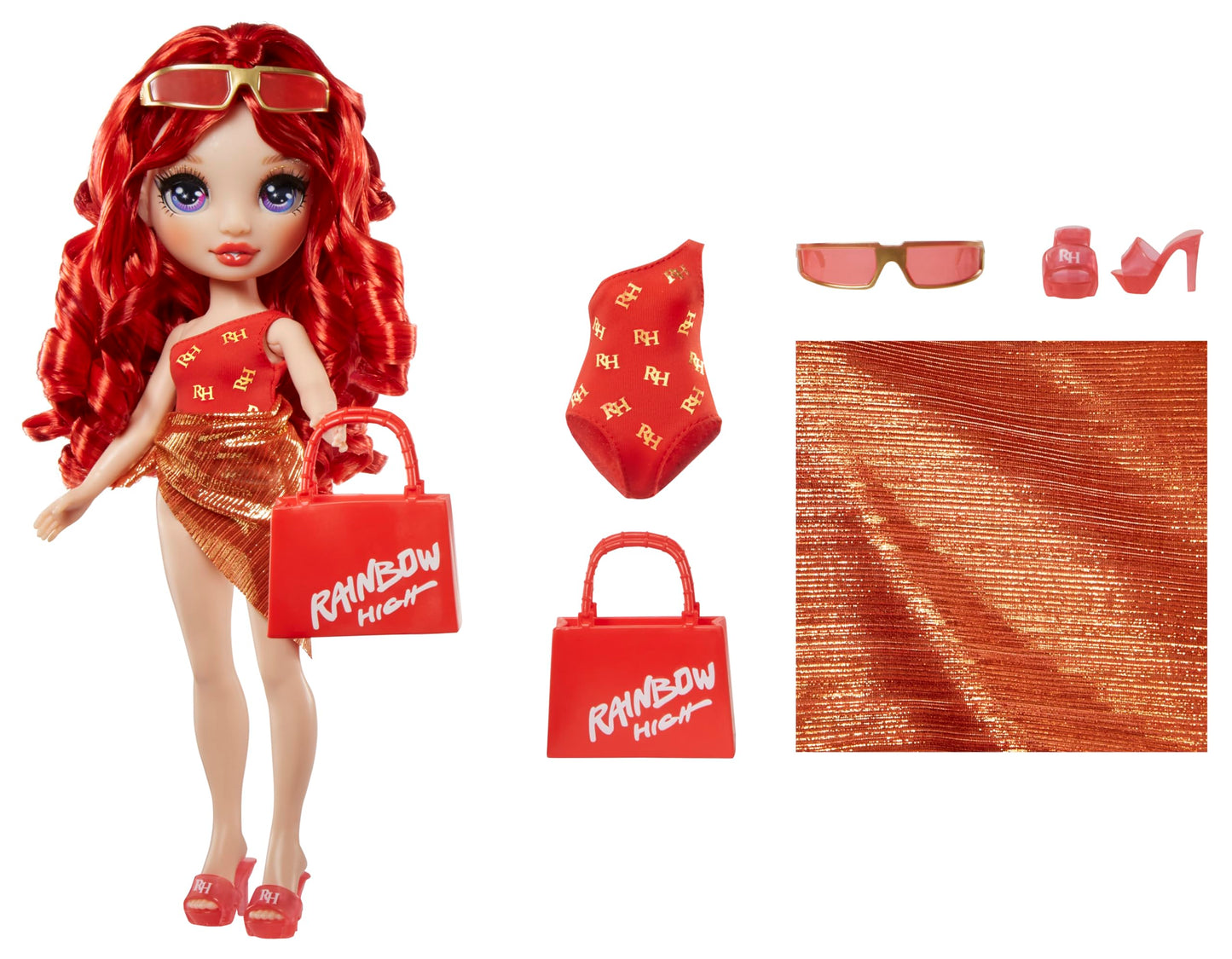 RAINBOW HIGH Swim & Style - Ruby (Rouge) - Poupée de 28 cm avec Paréo Chatoyant à Porter de Plus de 10 Façons - Maillot de Bain, Sandales, Accessoires - Jouet pour Enfants - pour Les 4-12 Ans