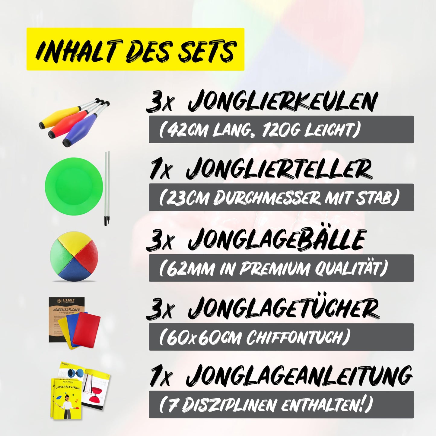 Diabolo Freizeitsport - Set de Jonglage pour Enfants et Adultes - Massues de Jonglage, Chiffons, Assiette, Balles de Jonglage et Baguette - Guide et Sac de Transport Inclus