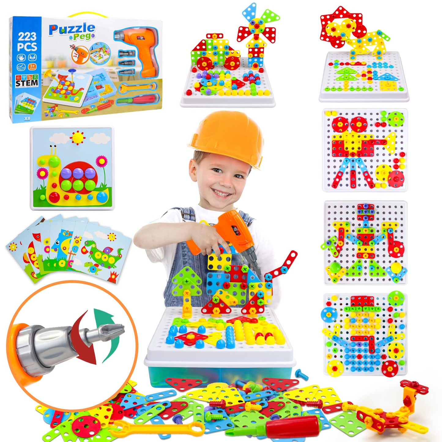 Jouet Enfant 3 Ans Jeux Enfant Puzzle 3D Etabli Enfant Jeux Educatif Jeux de Société Cadeau Fille 3 4 5 Ans avec Perceuse Électronique Jeu Montessori Jouet Enfant 3 4 5 6 Ans Fille Garcon-223 Pcs