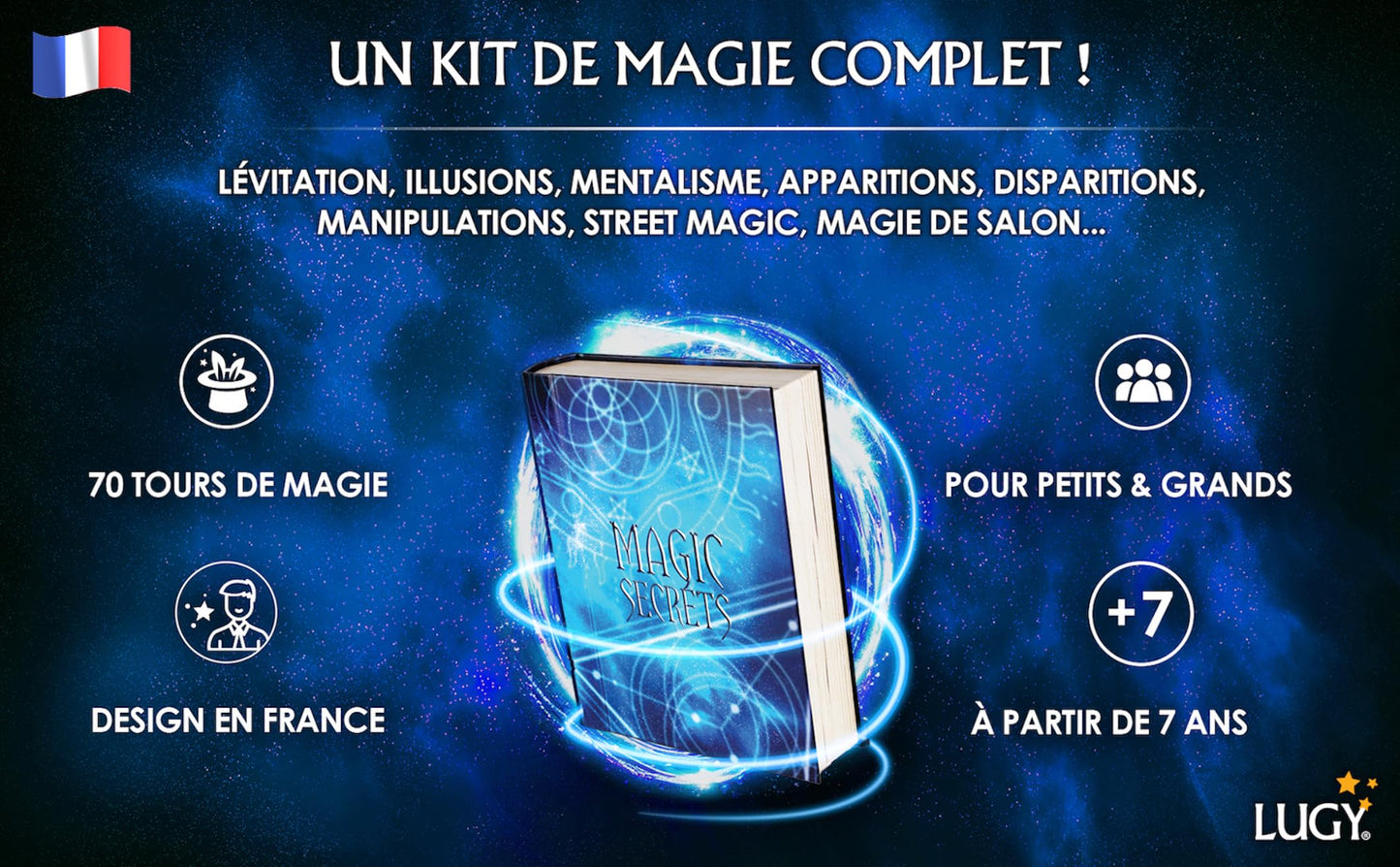 LUGY Magic Secrets - Coffret de Magie (kit Complet) - Niveau débutant/intermédiaire pour Enfants à partir de 7 Ans - Boîte de Tours de Magie + Carte - 70 Tours + tutoriel vidéos + app Mobile