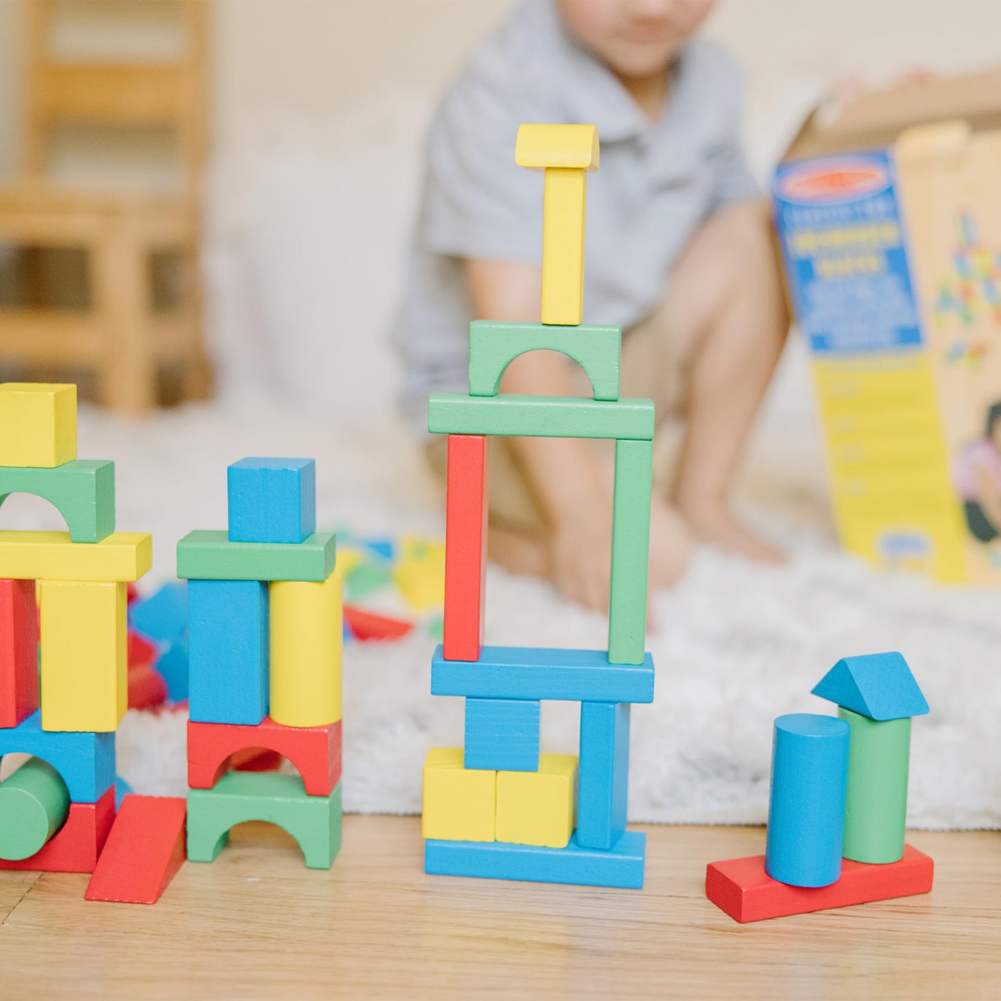 Melissa & Doug Blocs de Construction en Bois, Jouet Éducatif pour les Enfants, 100 Blocs Colorés de Formes et Tailles Différentes, Jeux d'éveil, Cadeau pour garçons et filles de 3 4 5 6 7 ans