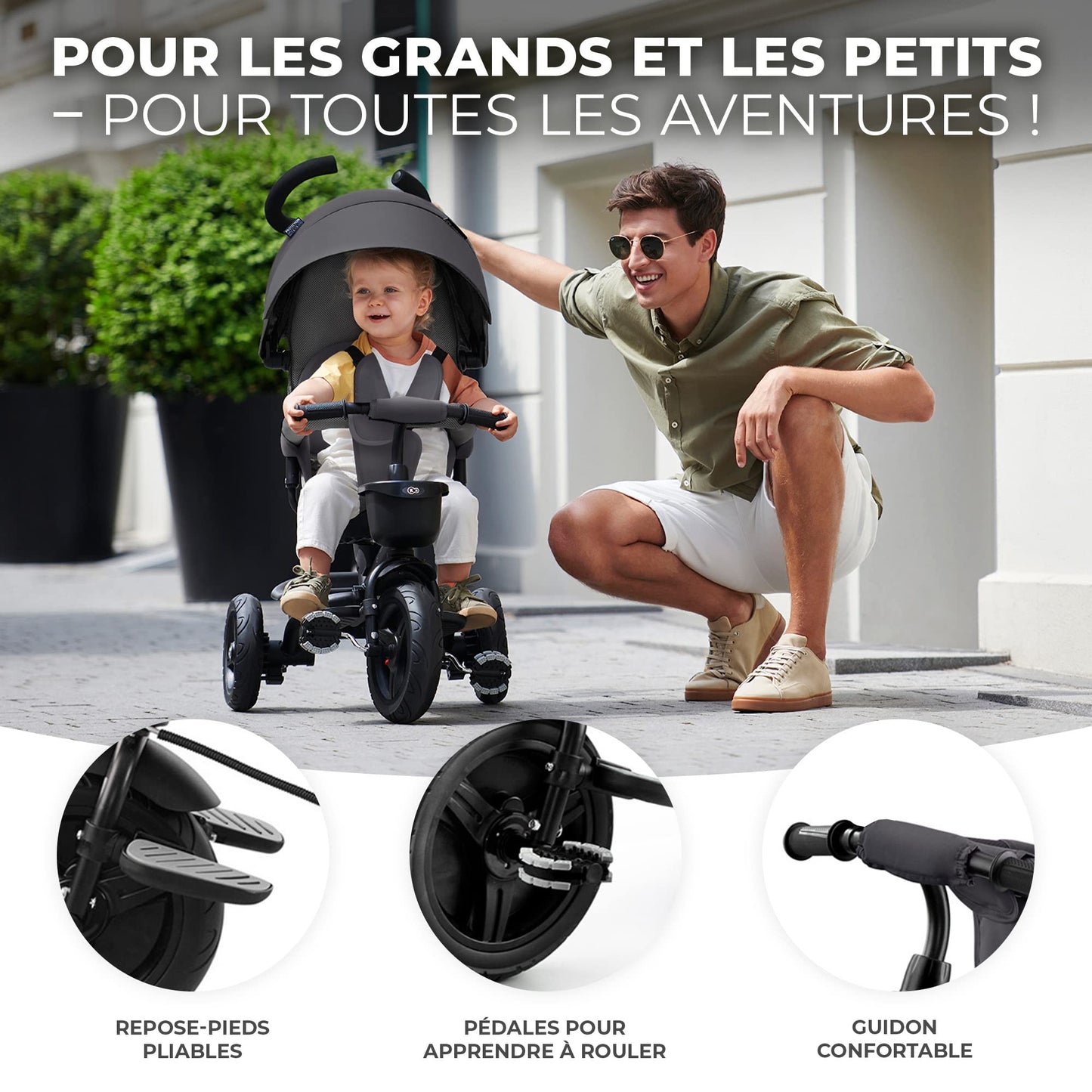 Kinderkraft AVEO Tricycle Bébé Évolutif, Draisienne Évolutif, Trike Bebe, Velo Poussette Bebe Évolutif, Velo Enfant 5 Ans, De 9 Mois, Pliable, Facile À Plier, Accessoires Pratiques, Gris
