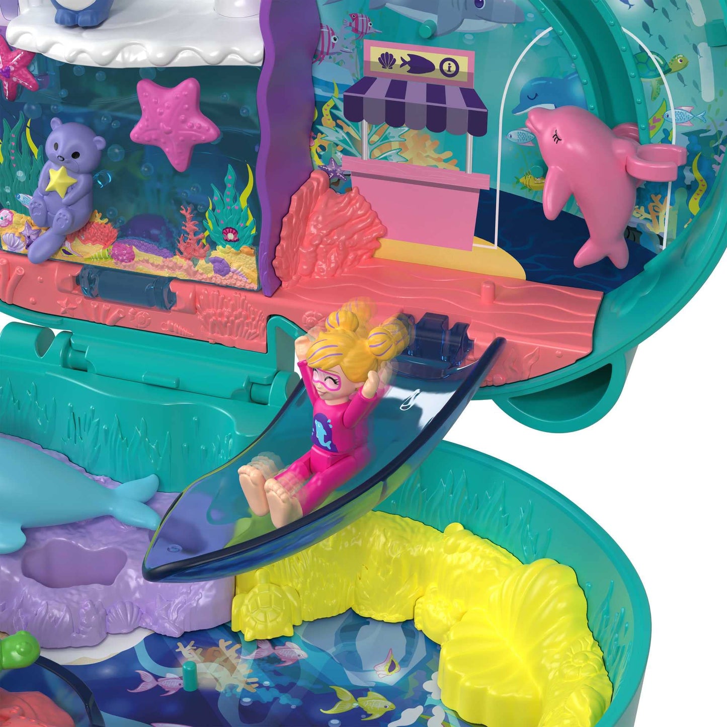 Polly Pocket Coffret Loutre Aquatique, thème Aquarium, avec Mini-Figurines Polly et Nicolas, 5 Surprises, 12 Accessoires, Jouet pour Enfant, HCG16