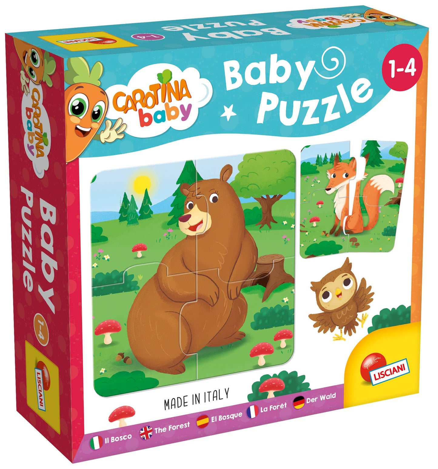 Liscianigiochi - Puzzle Bébé - La Forêt - Jeu de Réflexion - Jeu Educatif - 6 Puzzles de 4 Pièces - Les Animaux - 14 x 14 Cm - Pour Enfants de 1 à 4 ans - Carotina Baby