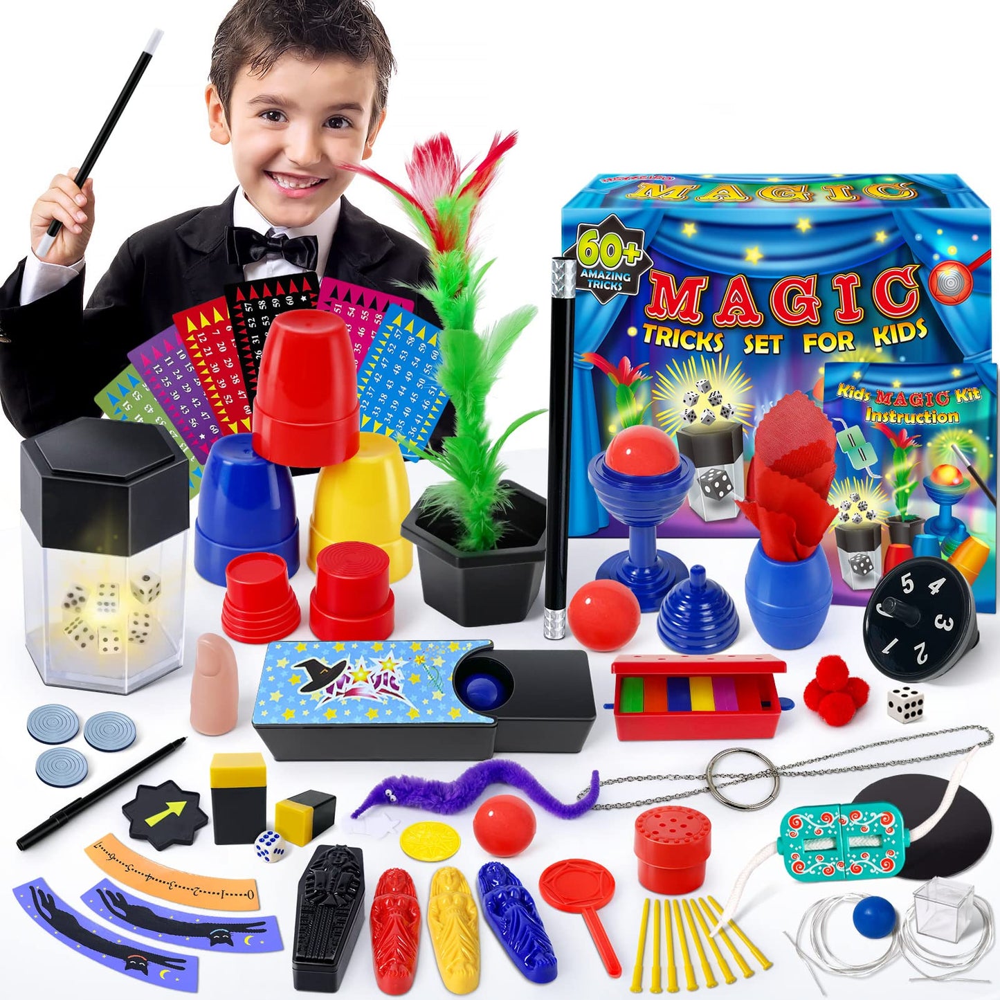 Heyzeibo Kit de Magie - 60+ Tours de Magie Enfant, Kit Magique avec Baguette Magique et Instructions, pour Garçons, Filles, Tout-Petits, Débutants