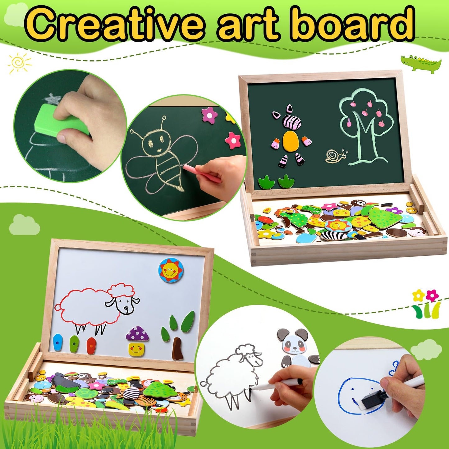 Uping Puzzles en Bois Magnétique 100 Pièces, Tableau Double Face Aimanté, Planche à Dessin Stylos Colorés Craies, Jouet Educatif Enfant 3 Ans Plus