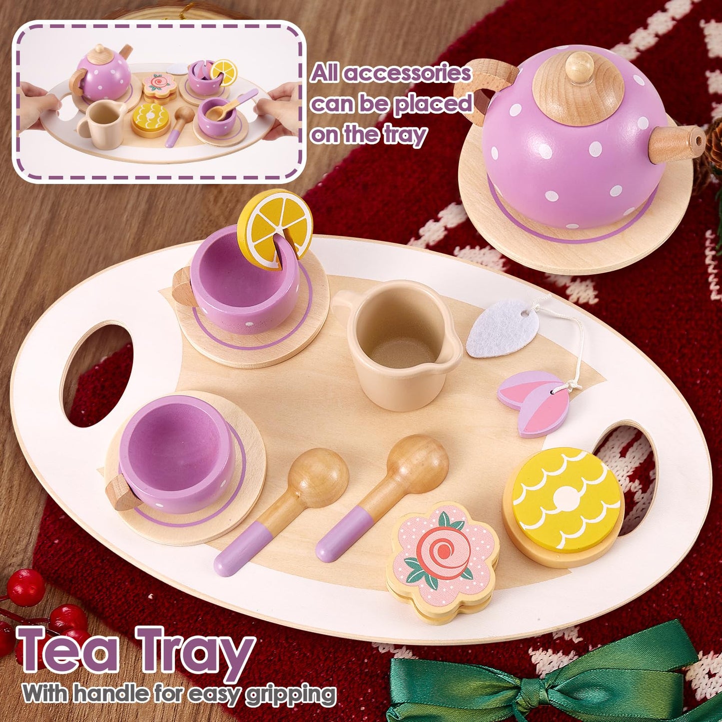 AOLEVA Service à Thé Jouets Cuisine en Bois pour Enfants, Dînette Enfant Cuisine Accessoire ave Plateau Anniversaire Cadeau pour Enfants Filles Garçons 3 4 5 an