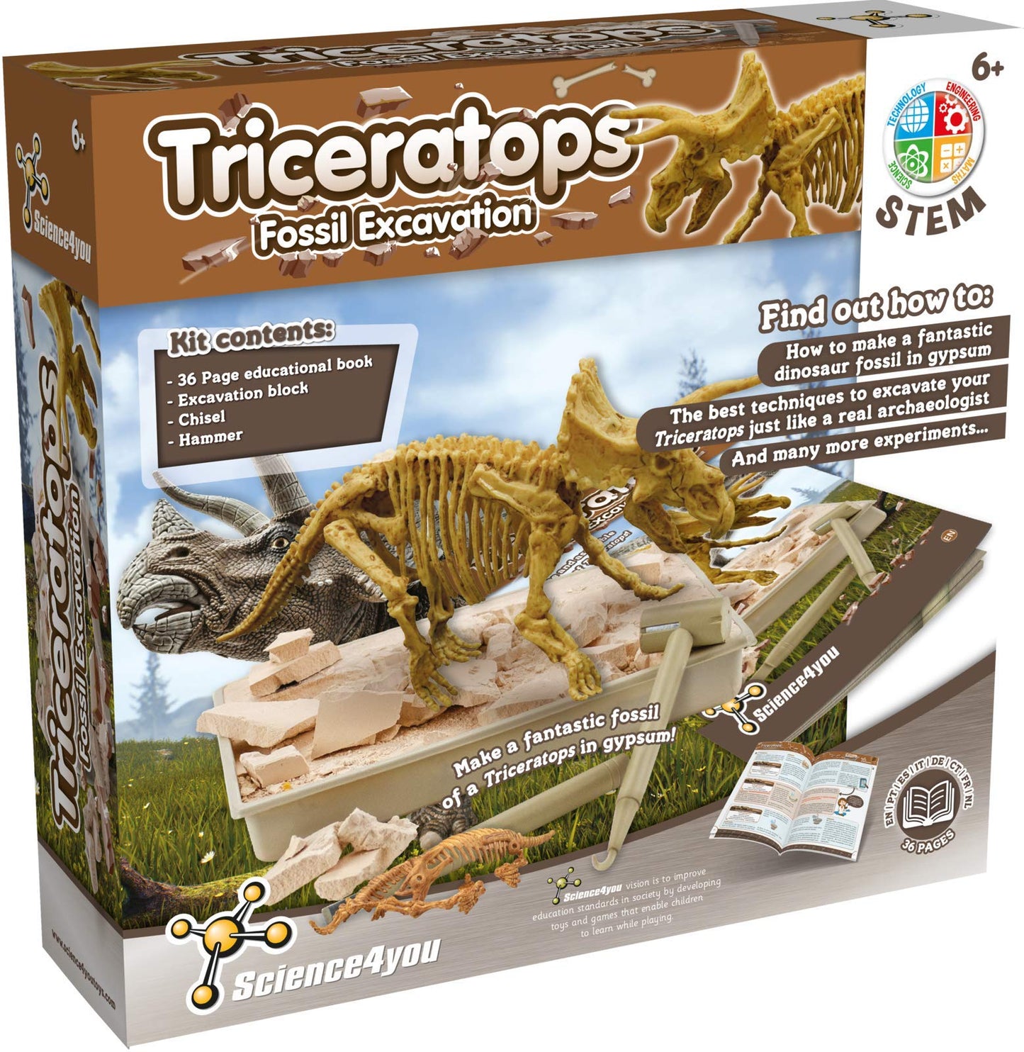 Science4you Triceratops, Kit de Fouille pour Enfants +6 Ans - Excaver et Assembler 10 Fossiles de Dinosaure. Jeux de Paléontologie et Archeologie, Jouet et Cadeau pour Enfants 6 7 8 9 10+ Ans