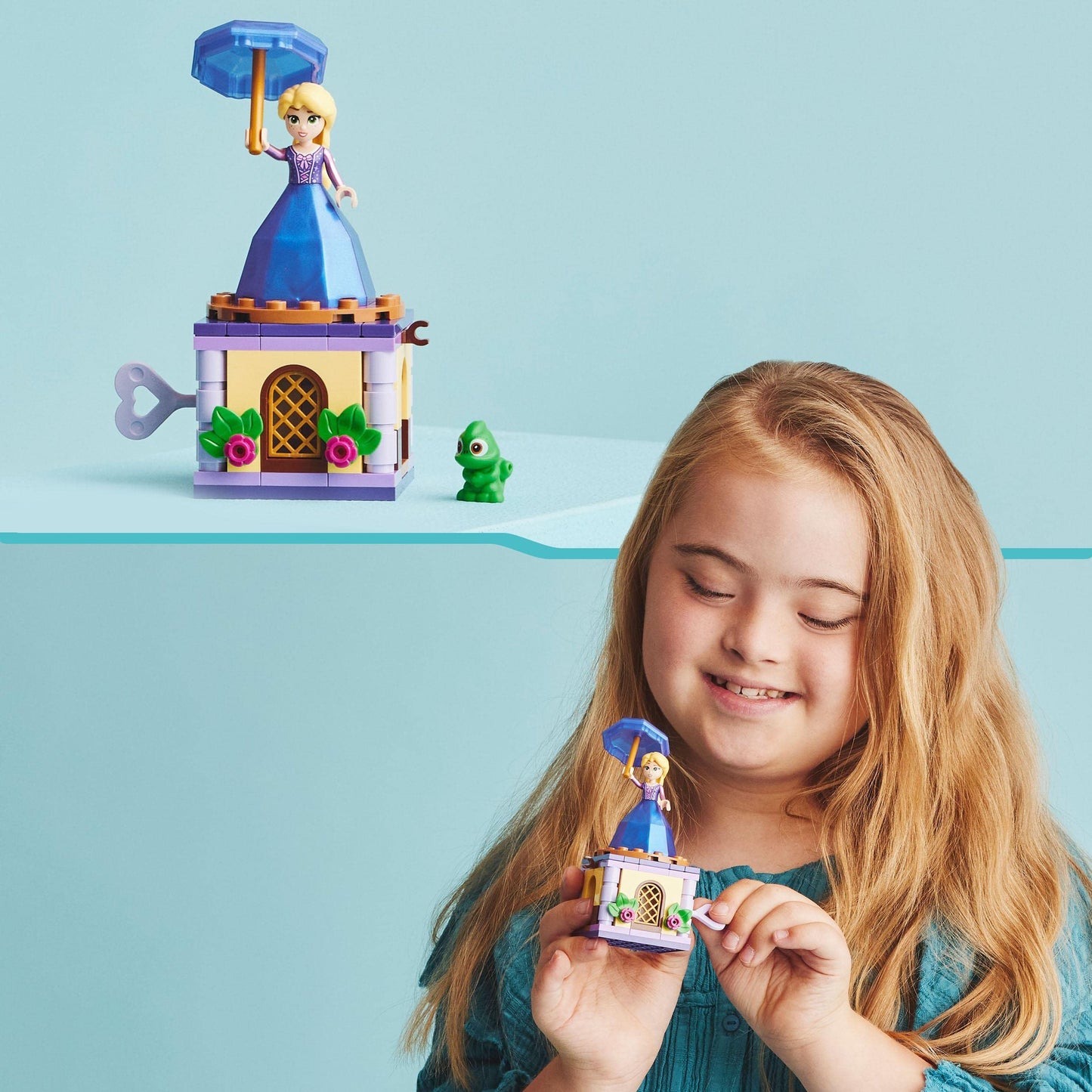 LEGO 43214 Disney Princesse Raiponce Tourbillonnante, Jouet de Construction avec Mini-Poupée Robe Diamant et Figurine Pascal Le Caméléon, Enfants 5 Ans