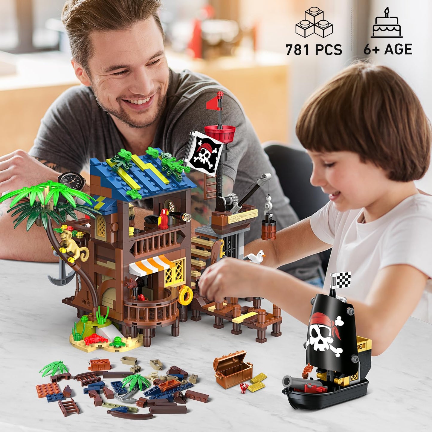 HOGOKIDS Pirate Bateau Maison Construction Ensemble avec LED lumière – 781 PCS Médiéval Pirate Quai Construction STEM D'architecture Briques Kit pour Enfants Garçons Filles Agés 6-12+