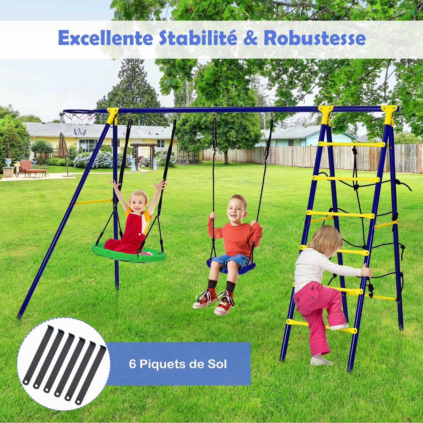 COSTWAY 5 en 1 Balançoire Enfants Extérieur avec Panier de Basket, Balançoire Nid d'Oiseau Ø66 cm et en U avec Hauteur Réglable, Filet & Echelle d’Escalade, Charge 75kg pour 3-12 Ans