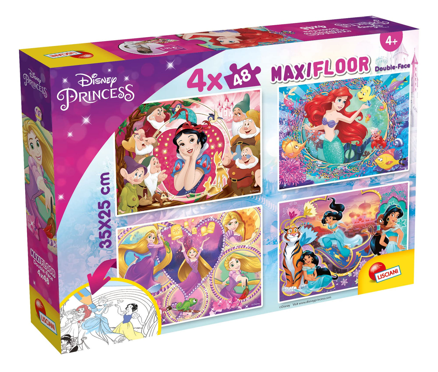 Liscianigiochi Maxifloor 4x48 Princess, 91744, DISNEY Disney Puzzle Double face 4 x 48 Pièces Princesses