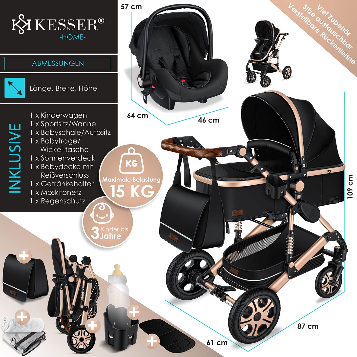 KESSER® Poussette combinée 3en1