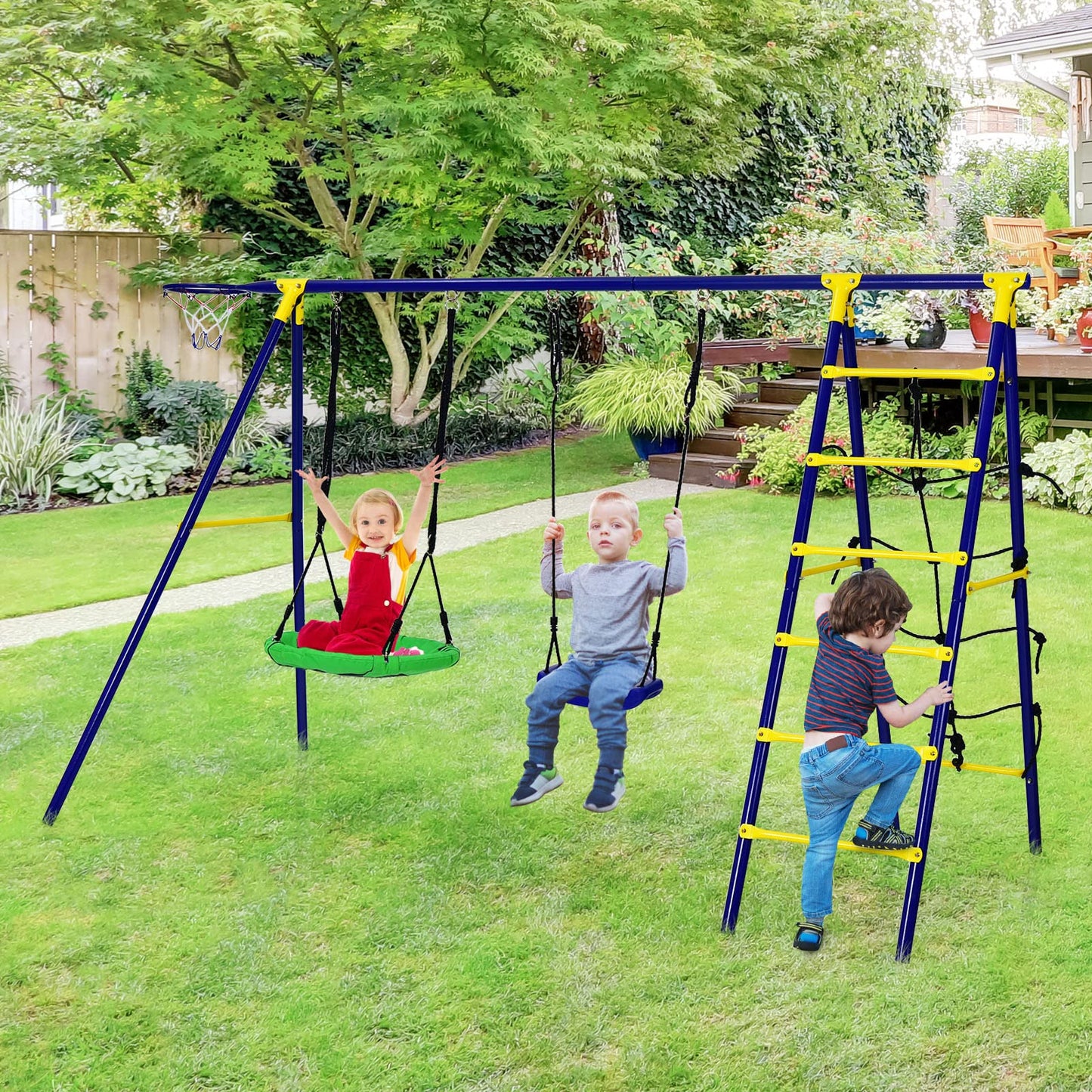 COSTWAY 5 en 1 Balançoire Enfants Extérieur avec Panier de Basket, Balançoire Nid d'Oiseau Ø66 cm et en U avec Hauteur Réglable, Filet & Echelle d’Escalade, Charge 75kg pour 3-12 Ans