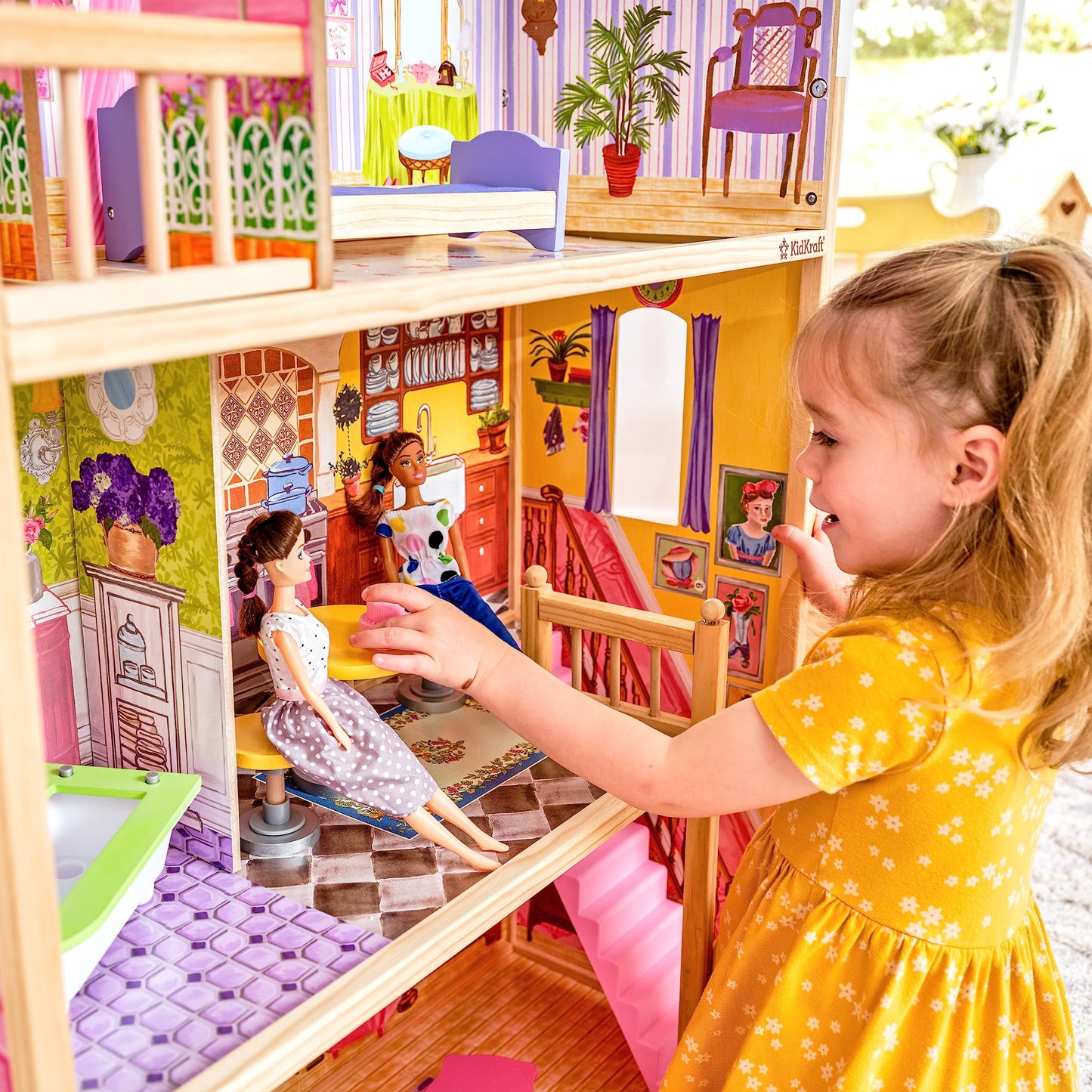 KidKraft Maison de Poupée en Bois Kayla incluant Accessoires et Mobilier, 3 Étages de Jeu pour Poupées 30 cm, Jouet Enfant dès 3 Ans, 65092, Exclusivité sur Amazon