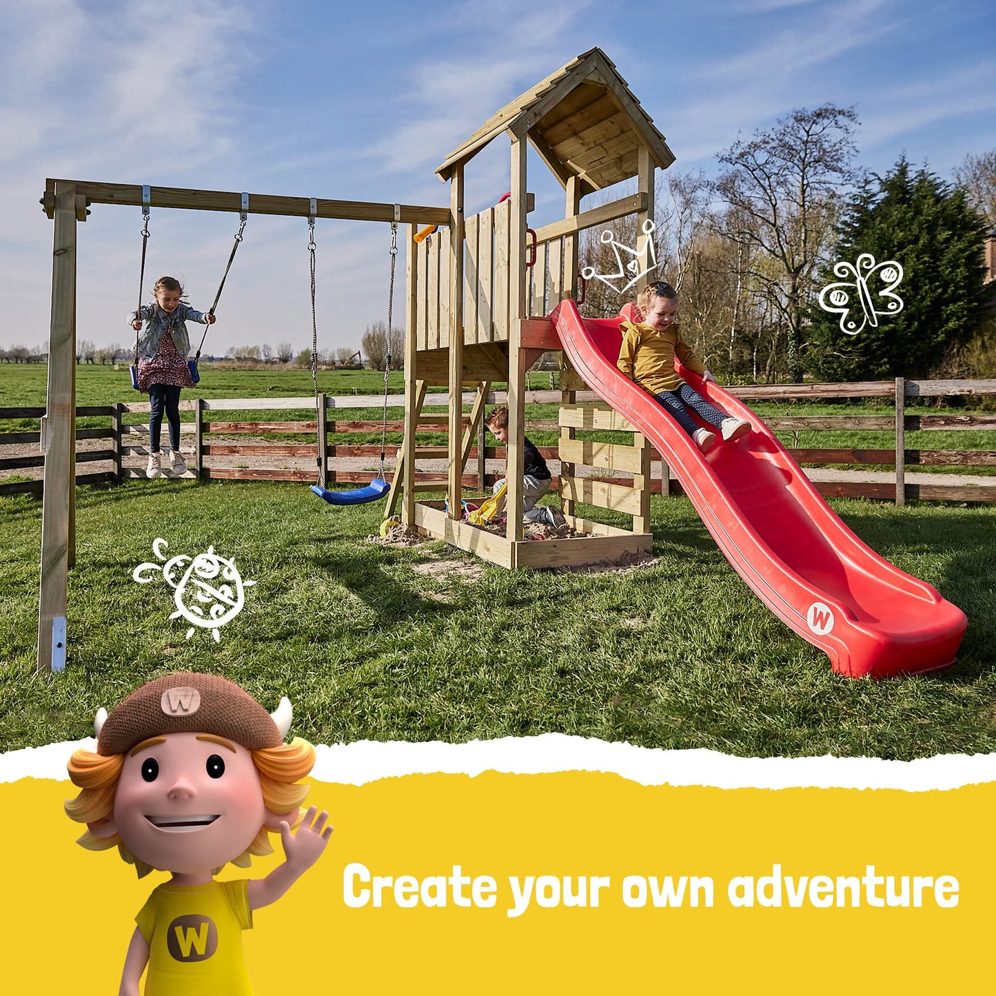 WICKEY Aire de Jeux MultiFlyer portique avec Toit en Bois & balançoire et Toboggan Vert, Tour d'escalade pour Enfants avec bac à Sable, échelle et Accessoires de Jeu pour Le Jardin.