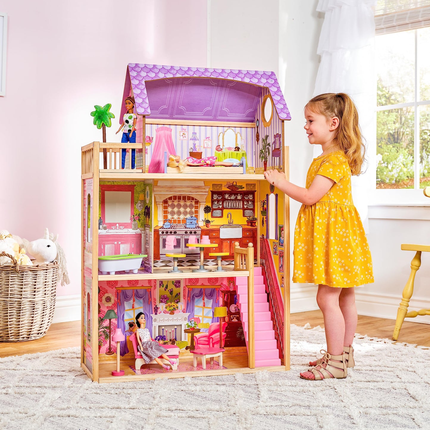 KidKraft Maison de Poupée en Bois Kayla incluant Accessoires et Mobilier, 3 Étages de Jeu pour Poupées 30 cm, Jouet Enfant dès 3 Ans, 65092, Exclusivité sur Amazon