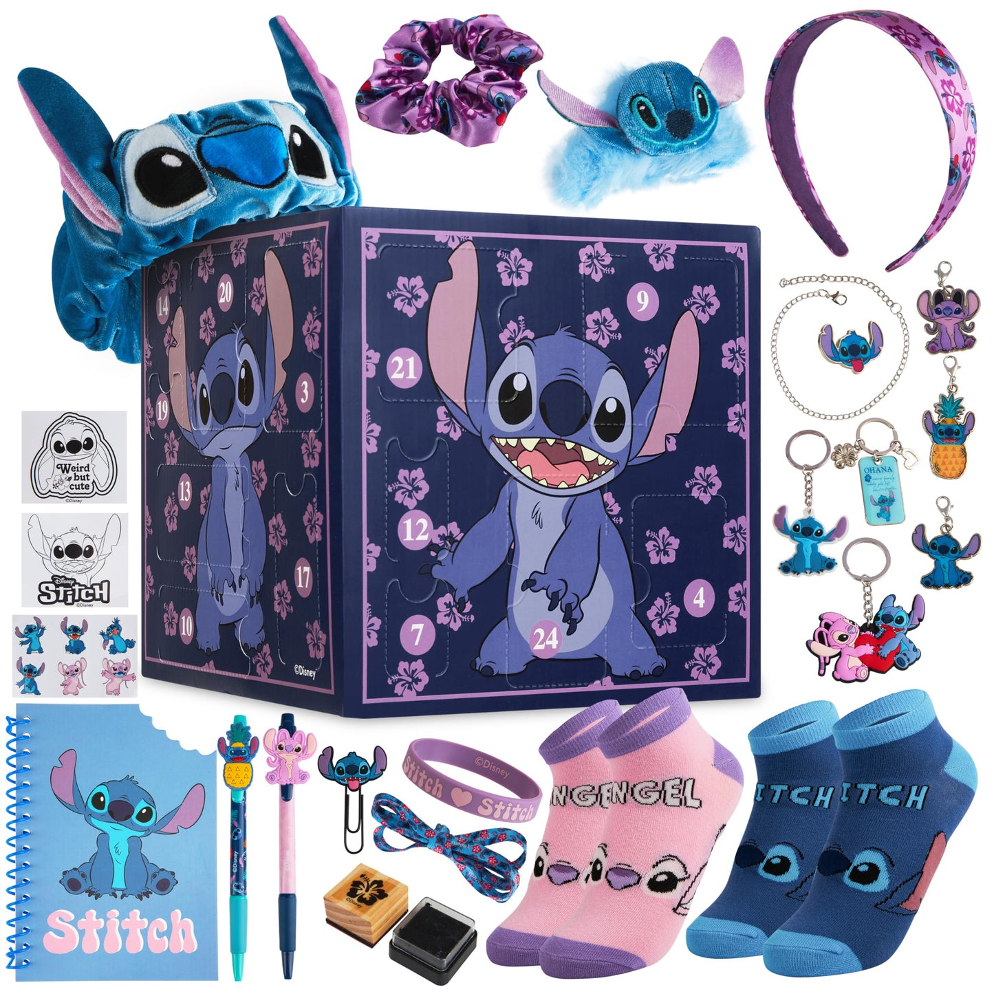 Disney Calendrier de l'Avent Stitch 2024 - Papeterie Jouet Accessoires Stickers Enfant (Violet Stitch Cube)