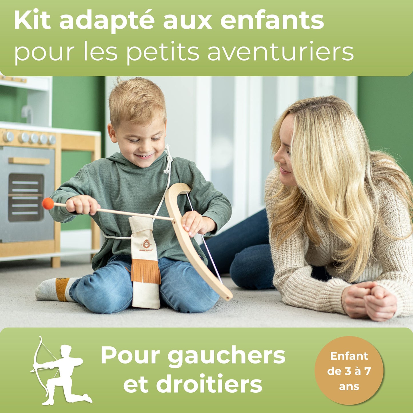 BOWRILLA® Arc et Fleches Enfant en Bois avec 5 Flèches, 4 Cibles et 1 Carquois | 3 LB Tir à l'arc pour Enfant (Intérieur et D'Extérieur) à Partir de 3 Ans | Convient aux Droitiers et aux Gauchers