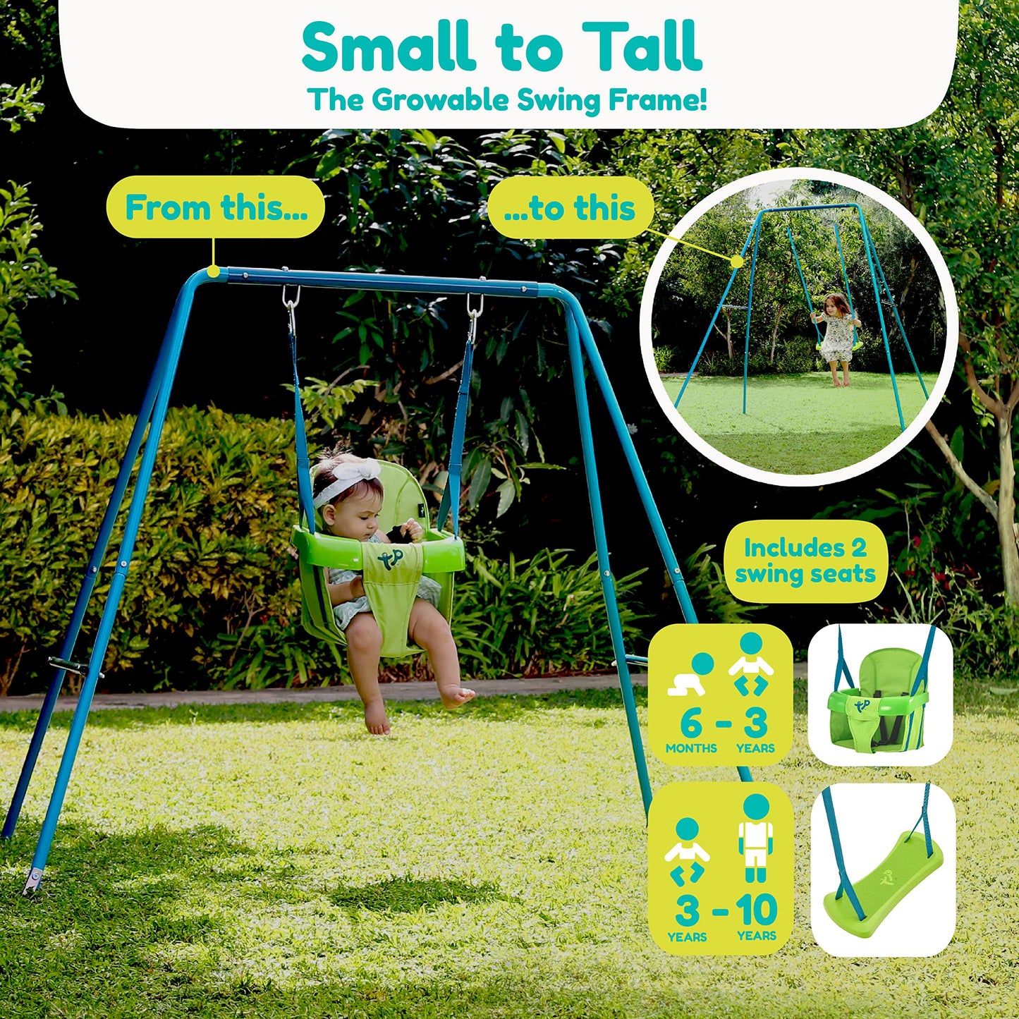 TP Toys Portique Acier 2 en 1 | Adapté Aux Enfants à Partir de 6 Mois - 8 Ans | avec 2 Balançoires | Une balançoire Qui Grandit avec Votre Enfant