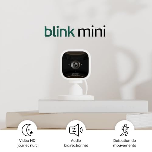 Blink Mini | Caméra d'intérieur connectée compacte à brancher | Vidéo HD 1080p, vision nocturne, détection de mouvements, audio bidirectionnel, config. facile, fonctionne avec Alexa | 1 caméra, Blanc