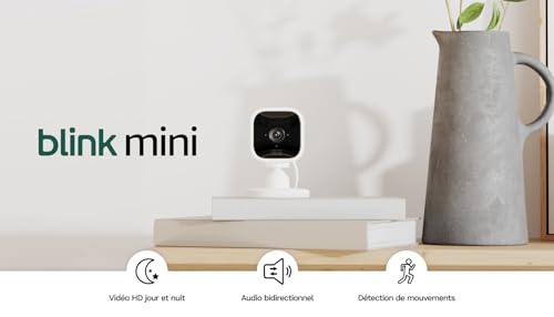Blink Mini | Caméra d'intérieur connectée compacte à brancher | Vidéo HD 1080p, vision nocturne, détection de mouvements, audio bidirectionnel, config. facile, fonctionne avec Alexa | 1 caméra, Blanc