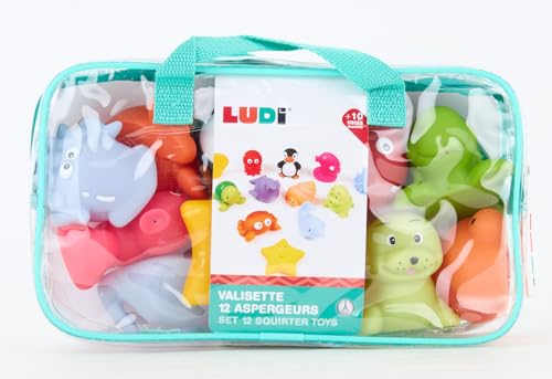 LUDI - 12 Animaux Marins en Plastique pour Jouer dans Le Bain. Dès 6 Mois. Animaux arroseurs rigolos. Sac de Rangement Inclus. Jouet à emmener à la Plage - Aspergeurs 12 Mers - réf. 2174