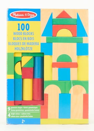 Melissa & Doug Blocs de Construction en Bois, Jouet Éducatif pour les Enfants, 100 Blocs Colorés de Formes et Tailles Différentes, Jeux d'éveil, Cadeau pour garçons et filles de 3 4 5 6 7 ans