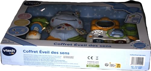 VTech - Coffret Naissance Éveil des Sens Bleu, Premiers Jouets Bébé, Doudou Hippo en Peluche, Piano Lumineux et Interactif, Hochets Grenouille et Miroir, Cadeau Nouveau-Né - Contenu en Français