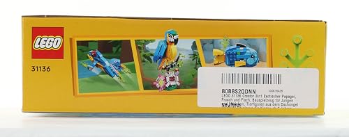 LEGO 31136 Creator 3-en-1 Le Perroquet Exotique, Jouet de Construction, Figurines Animaux de la Jungle, avec Grenouille et Poisson, Jeu Créatif pour Enfant Dès 7 Ans