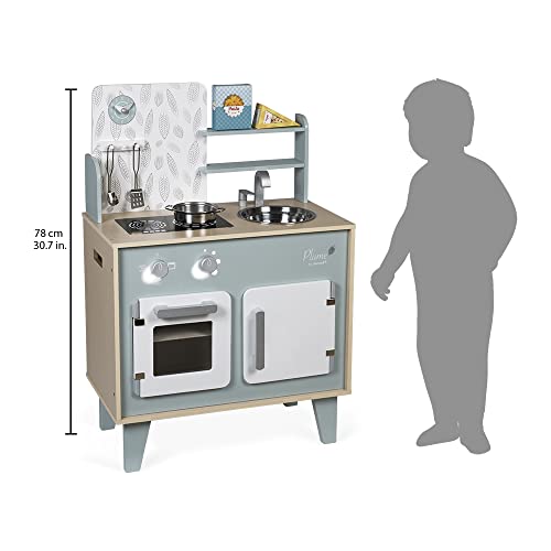 Janod - Cuisine Plume - Cuisinière en Bois pour Enfant - Avec Four, Évier en Inox, Placard, Boutons et Horloge - Cuisine en Bois Avec 5 Accessoires - De 3 à 8 Ans, J06608