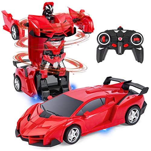 Highttoy Voiture Télécommandé Robot, Transformateur Jouets 3-12 Ans Garçon Fille Cadeau Voiture Robot Transformable 2.4GHz Rotation à 360° Robot Jouet Enfant Rouge