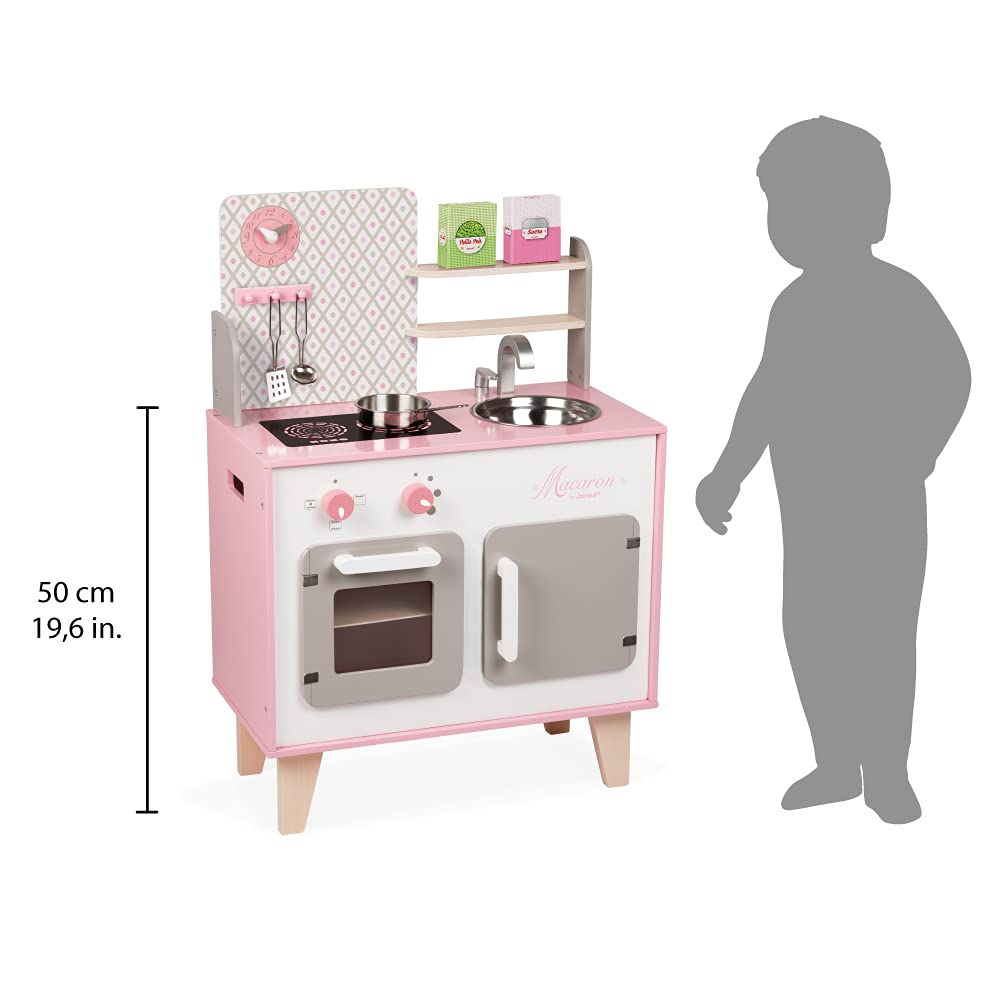 Janod - Cuisine Enfant en Bois Macaron - Équipée avec Frigo et Four Micro Ondes - Avec Bruitage - Imitation et Eveil - 5 Accessoires Inclus - Dès 3 ans, J06567, Rose et Blanc