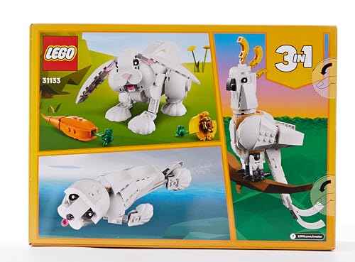 LEGO Creator 3-en-1 31133 Le Lapin Blanc, Jouet avec Animaux, Dont Figurines de Poisson, Phoque et Perroquet, Construction pour Enfants Dès 8 Ans