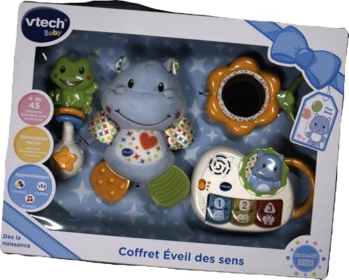 VTech - Coffret Naissance Éveil des Sens Bleu, Premiers Jouets Bébé, Doudou Hippo en Peluche, Piano Lumineux et Interactif, Hochets Grenouille et Miroir, Cadeau Nouveau-Né - Contenu en Français