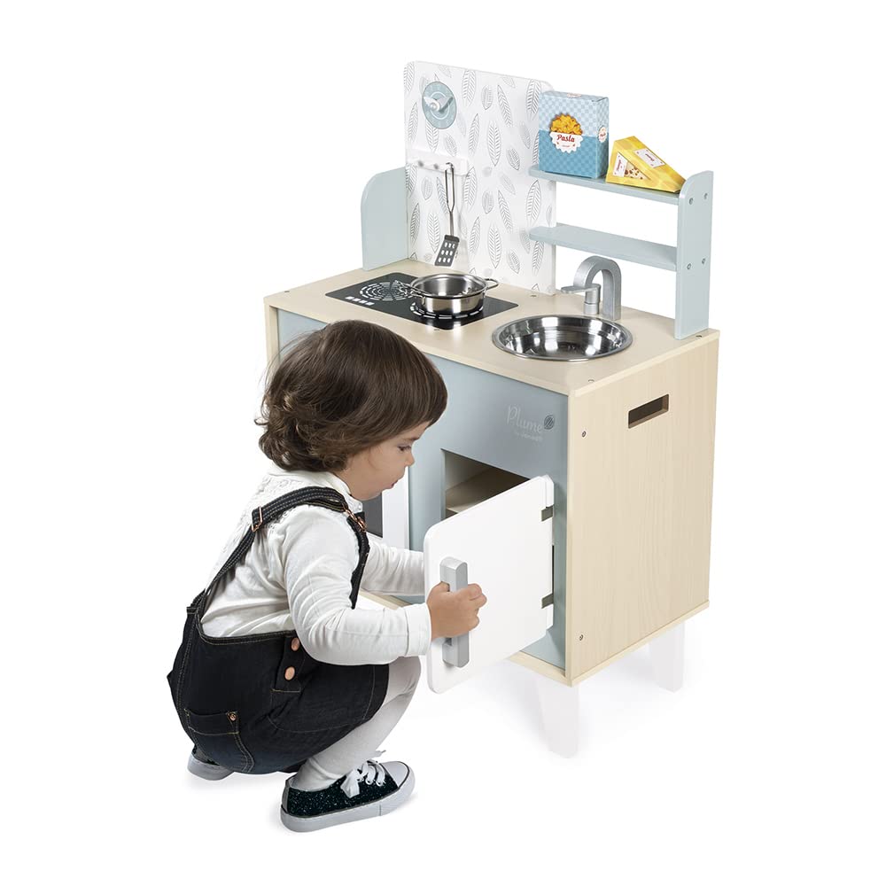 Janod - Cuisine Plume - Cuisinière en Bois pour Enfant - Avec Four, Évier en Inox, Placard, Boutons et Horloge - Cuisine en Bois Avec 5 Accessoires - De 3 à 8 Ans, J06608