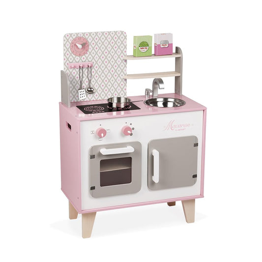 Janod - Cuisine Enfant en Bois Macaron - Équipée avec Frigo et Four Micro Ondes - Avec Bruitage - Imitation et Eveil - 5 Accessoires Inclus - Dès 3 ans, J06567, Rose et Blanc