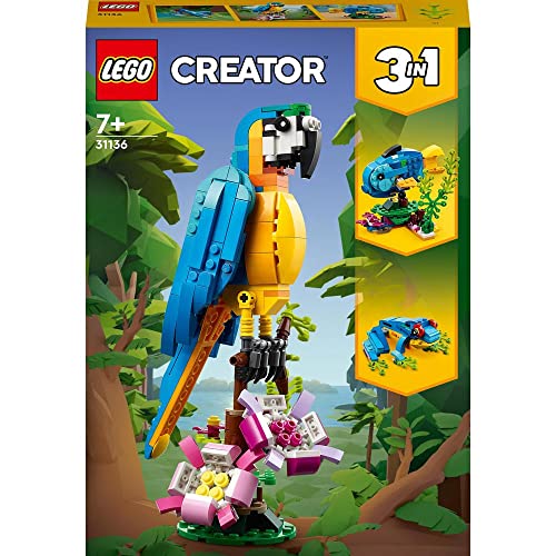 LEGO 31136 Creator 3-en-1 Le Perroquet Exotique, Jouet de Construction, Figurines Animaux de la Jungle, avec Grenouille et Poisson, Jeu Créatif pour Enfant Dès 7 Ans