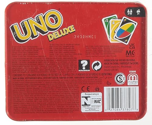 Mattel Games UNO Deluxe, Jeux De Cartes Familial pour Enfants Et Adultes, Jeu De Société pour Soirée Jeux en Famille Ou en Voyage, 2 À 10 Joueurs, Jouet pour Enfant de 7 Ans et Plus, K0888