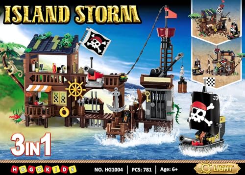 HOGOKIDS Pirate Bateau Maison Construction Ensemble avec LED lumière – 781 PCS Médiéval Pirate Quai Construction STEM D'architecture Briques Kit pour Enfants Garçons Filles Agés 6-12+
